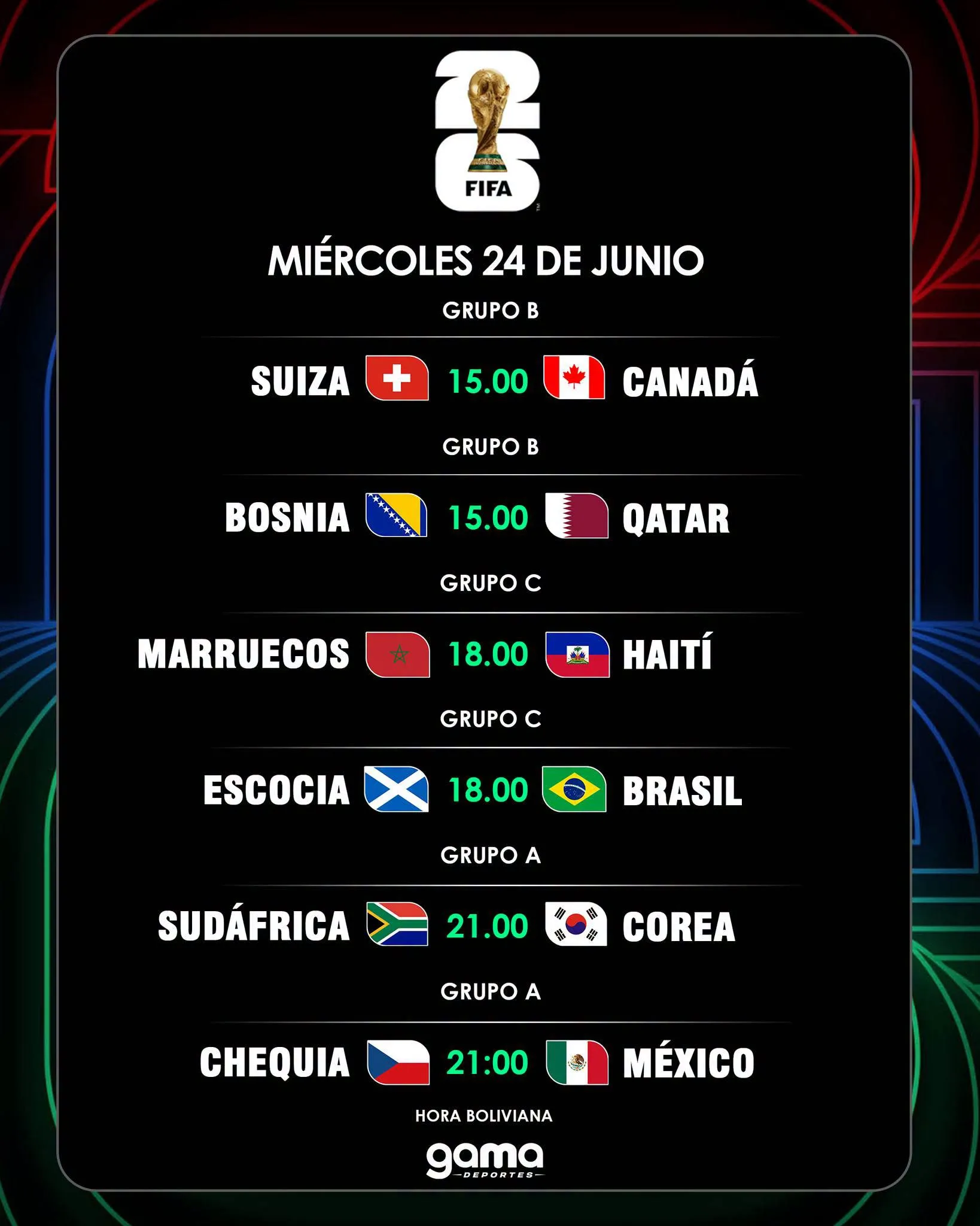 MUNDIAL 2026 LA AGENDA COMPLETA MIRCOLES 24 DE JUNIO