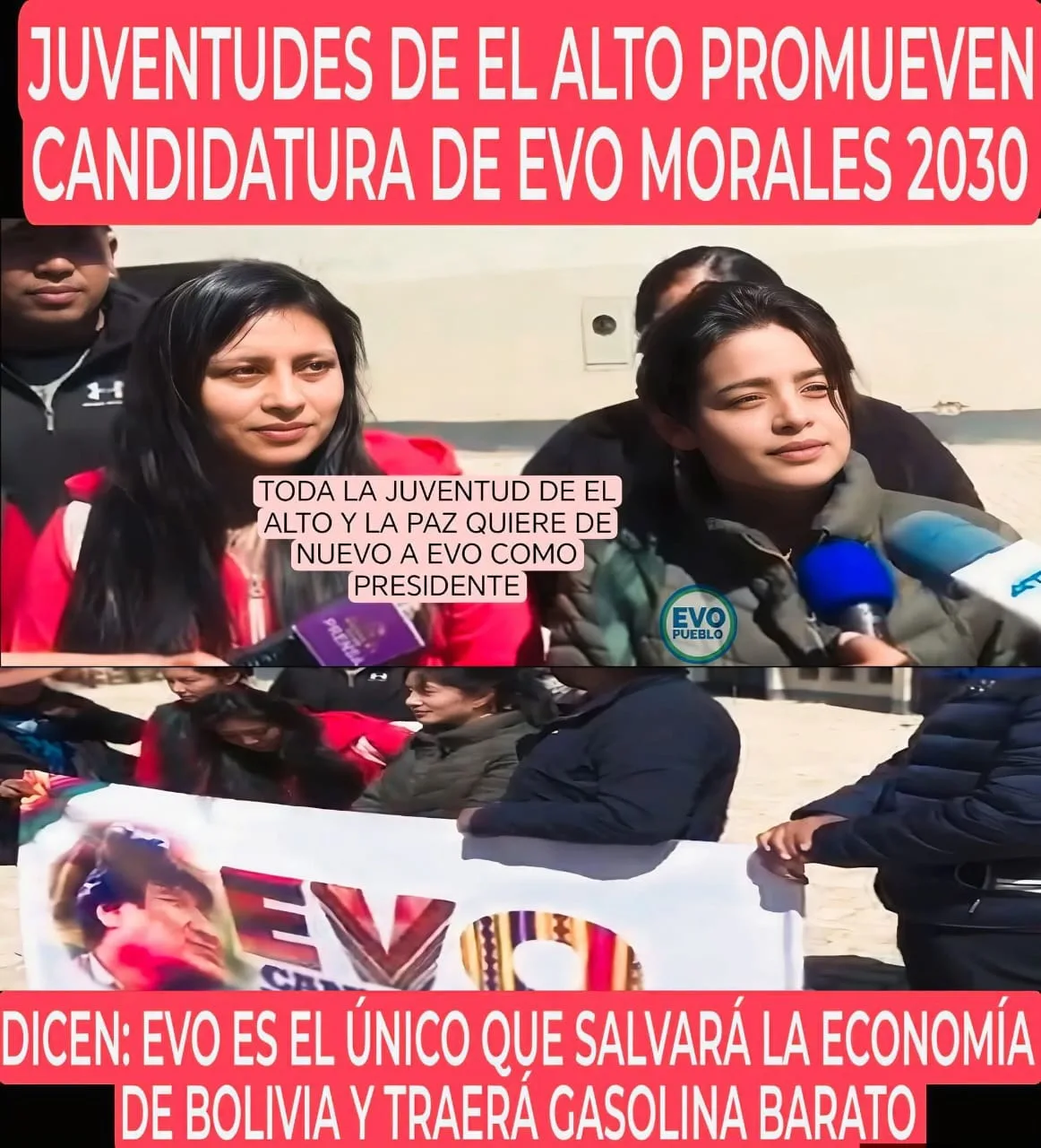 JUVENTUDES DE EL ALTO LA PAZ PROMUEVEN CANDIDATURA DE EVO MORALES 20230 ASEGURAN QUE EVO ES EL ÚNICO QUE SALVARÁ BOLIVIA DE LA CRISIS Y TRAERÁ GASOLINA BARATO