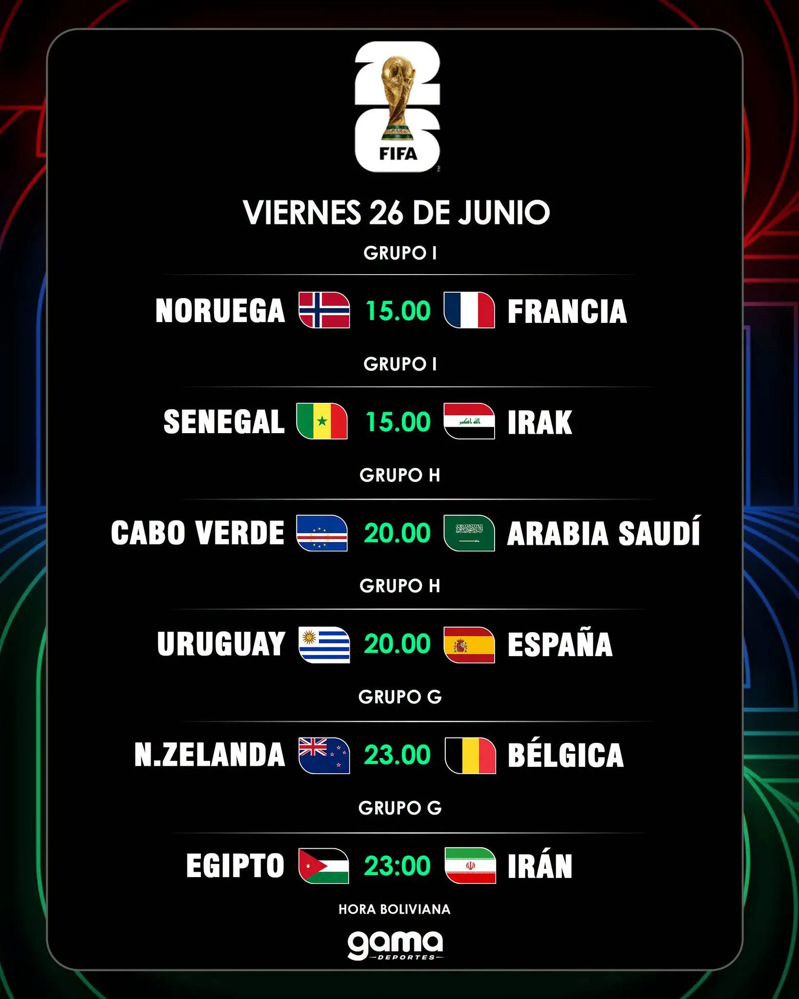 MUNDIAL 2026 LA AGENDA COMPLETA VIERNES 26 DE JUNIO
