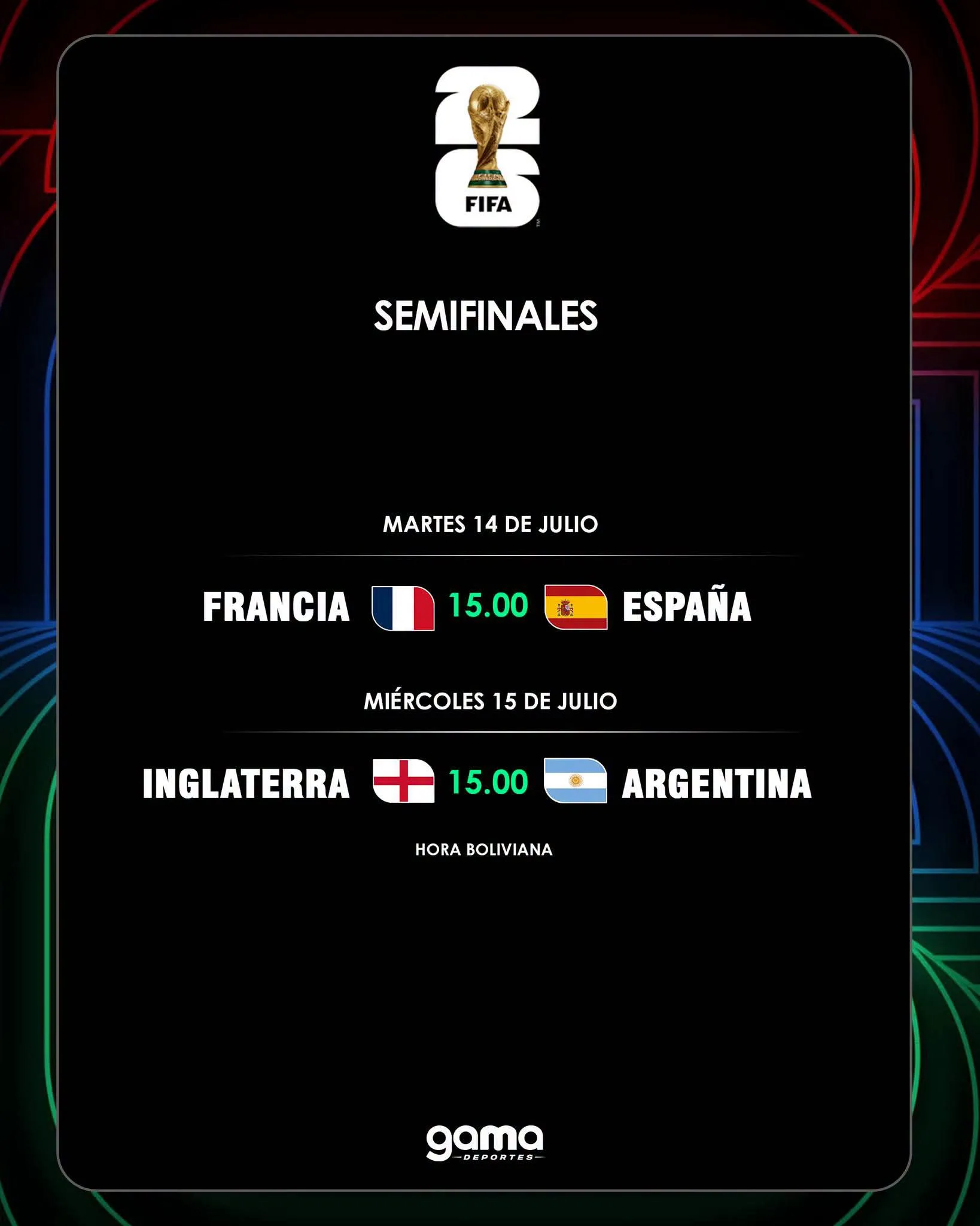 🏆🌎 La agenda de semis   Estos son los partidos de las semifinales con fechas y horarios definidos. Este martes y miércoles se definen a los finalistas de la Copa del Mundo.