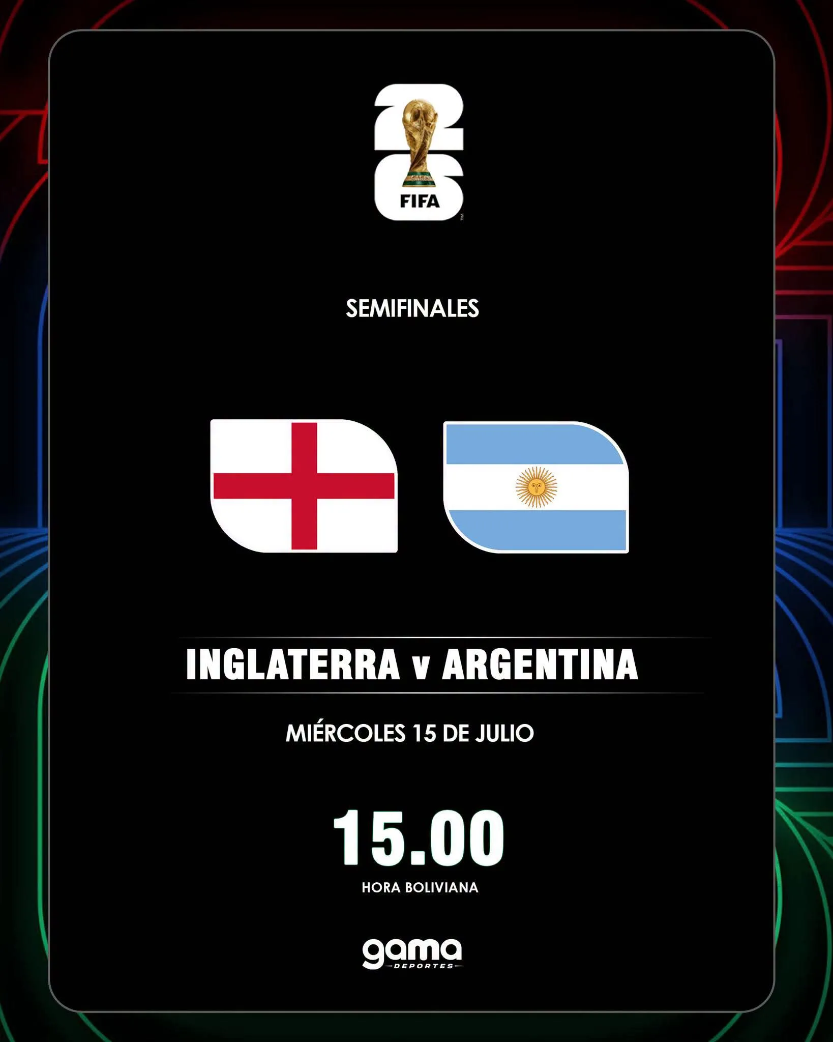 Inglaterra vs Argentina  🗓 Miércoles 15 de julio ⏰ 15:00 (hora boliviana) 📍 Atlanta 🏟 Mercedes-Benz 🏆 Semifinales