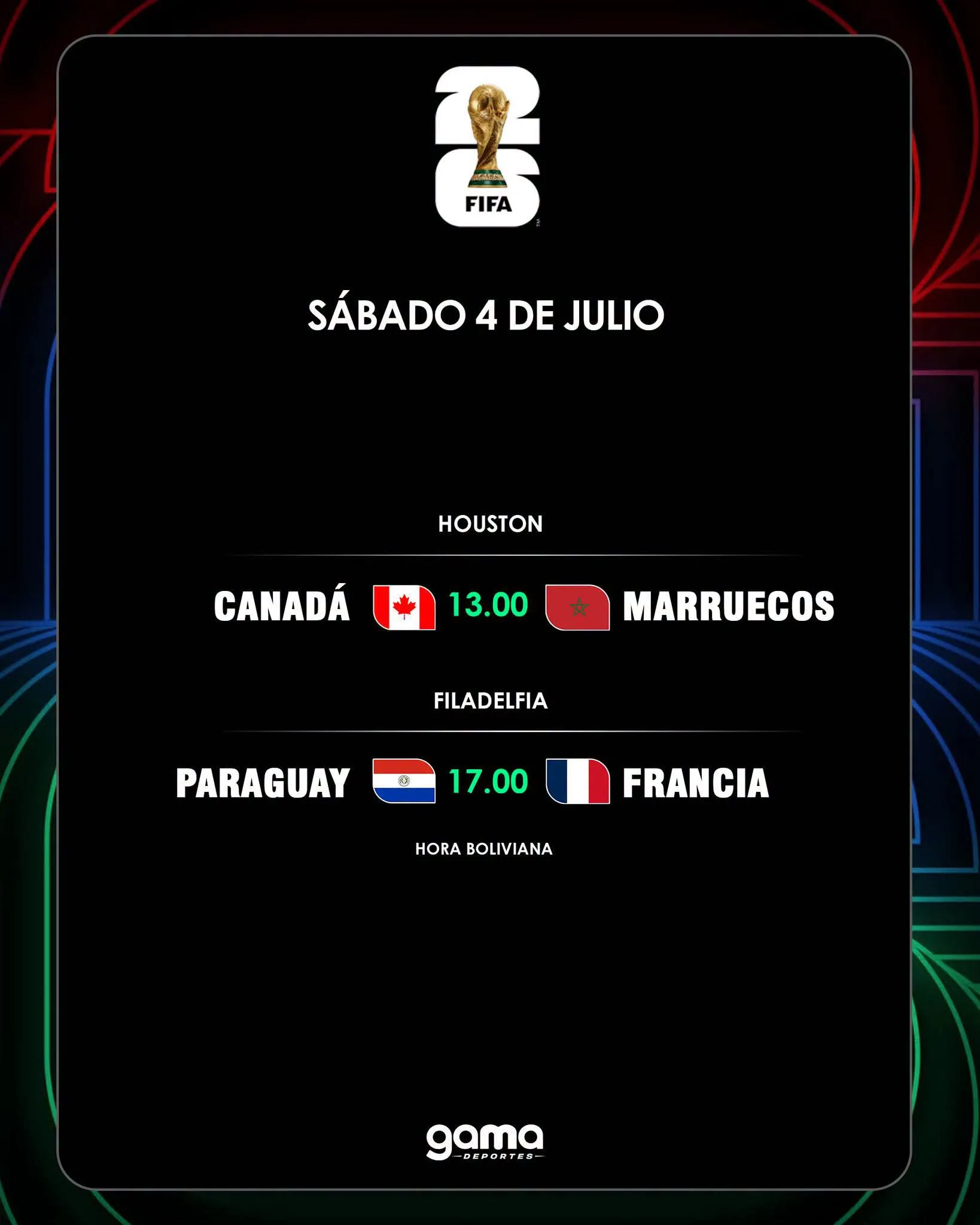 HOY SÁBADO 4DE JULIO PARTIDOS IMPORTANTES. MUNDIAL 2026