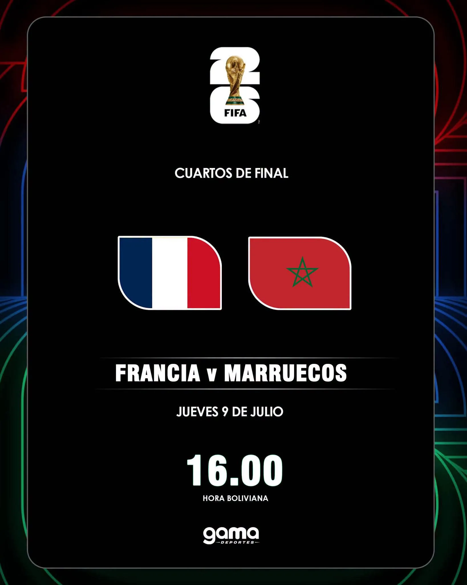 JUEVES 9 DE JULIO LOS CUARTOS  Los cuatro cruces de la próxima fase, que arranca este jueves con el Francia-Marruecos, por el primer boleto a las semfinales.