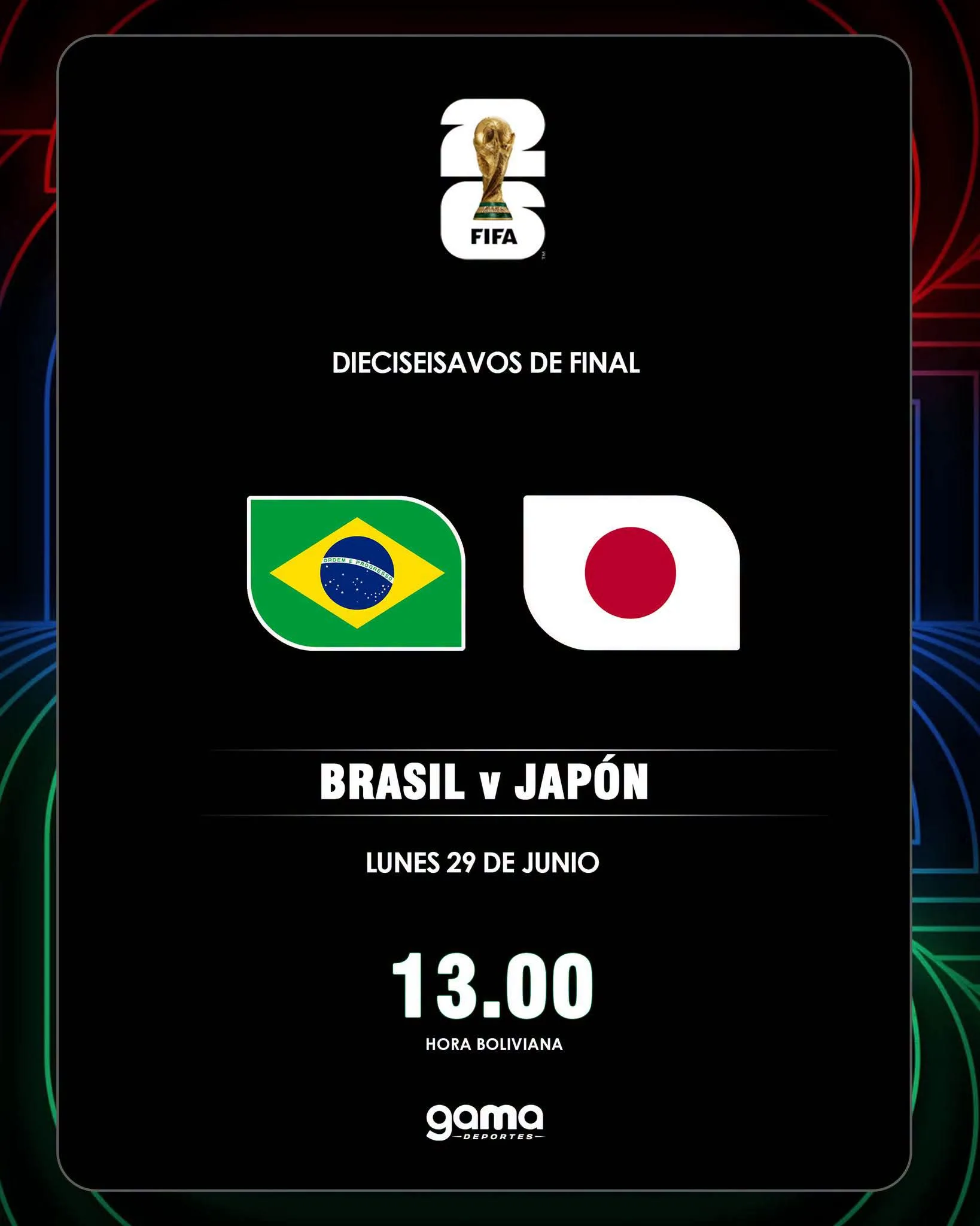 🇧🇷🇯🇵 HOY JUEGA BRASIL   #Brasil vs #Japón  🗓 Lunes 29 de junio ⏰ 13:00 (hora boliviana) 📍 Houston  🏟 NRG